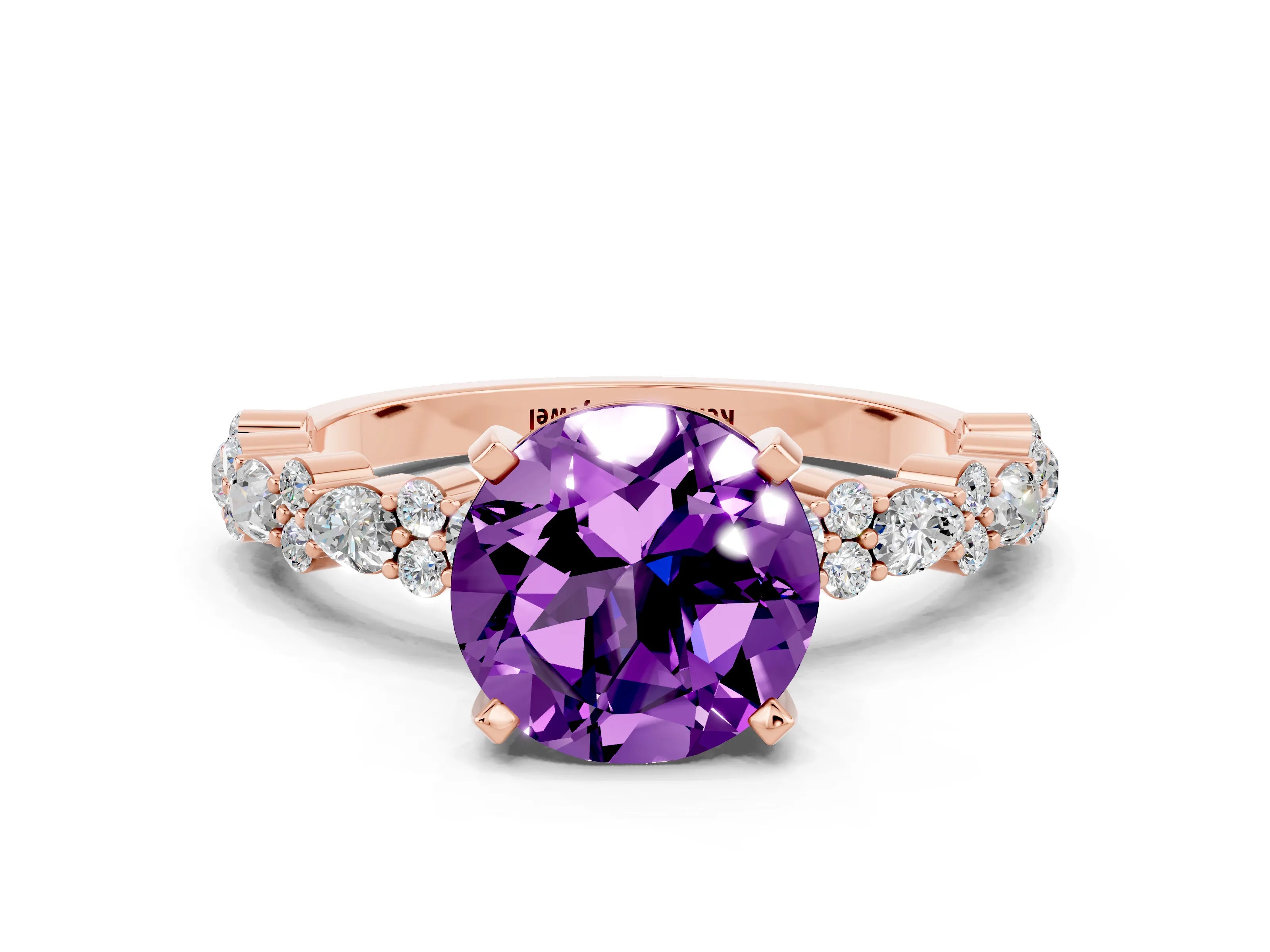 Rose gold Round Cut Amethyst Solitaire with Side Stones, Pave Band, Four-Prong Setting_24