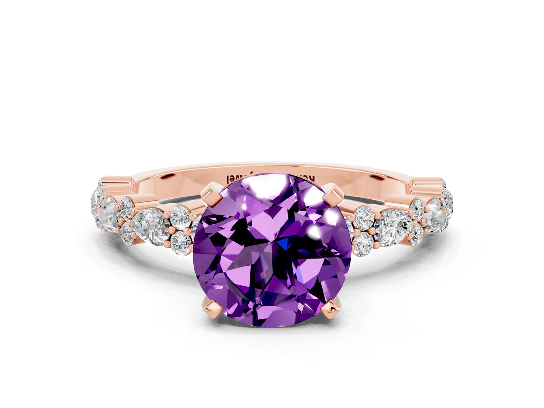 Rose gold Round Cut Amethyst Solitaire with Side Stones, Pave Band, Four-Prong Setting_24