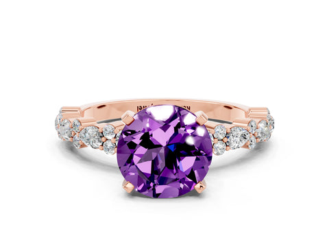 Rose gold Round Cut Amethyst Solitaire with Side Stones, Pave Band, Four-Prong Setting_24