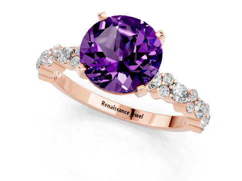 Rose gold Round Cut Amethyst Solitaire with Side Stones, Pave Band, Four-Prong Setting_25