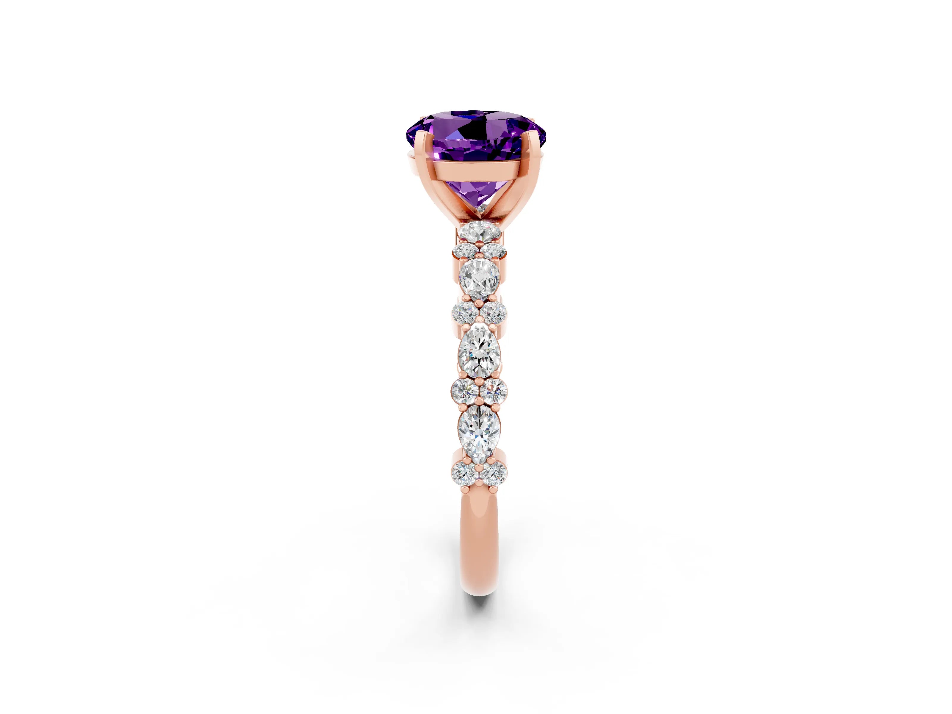 Rose gold Round Cut Amethyst Solitaire with Side Stones, Pave Band, Four-Prong Setting_26