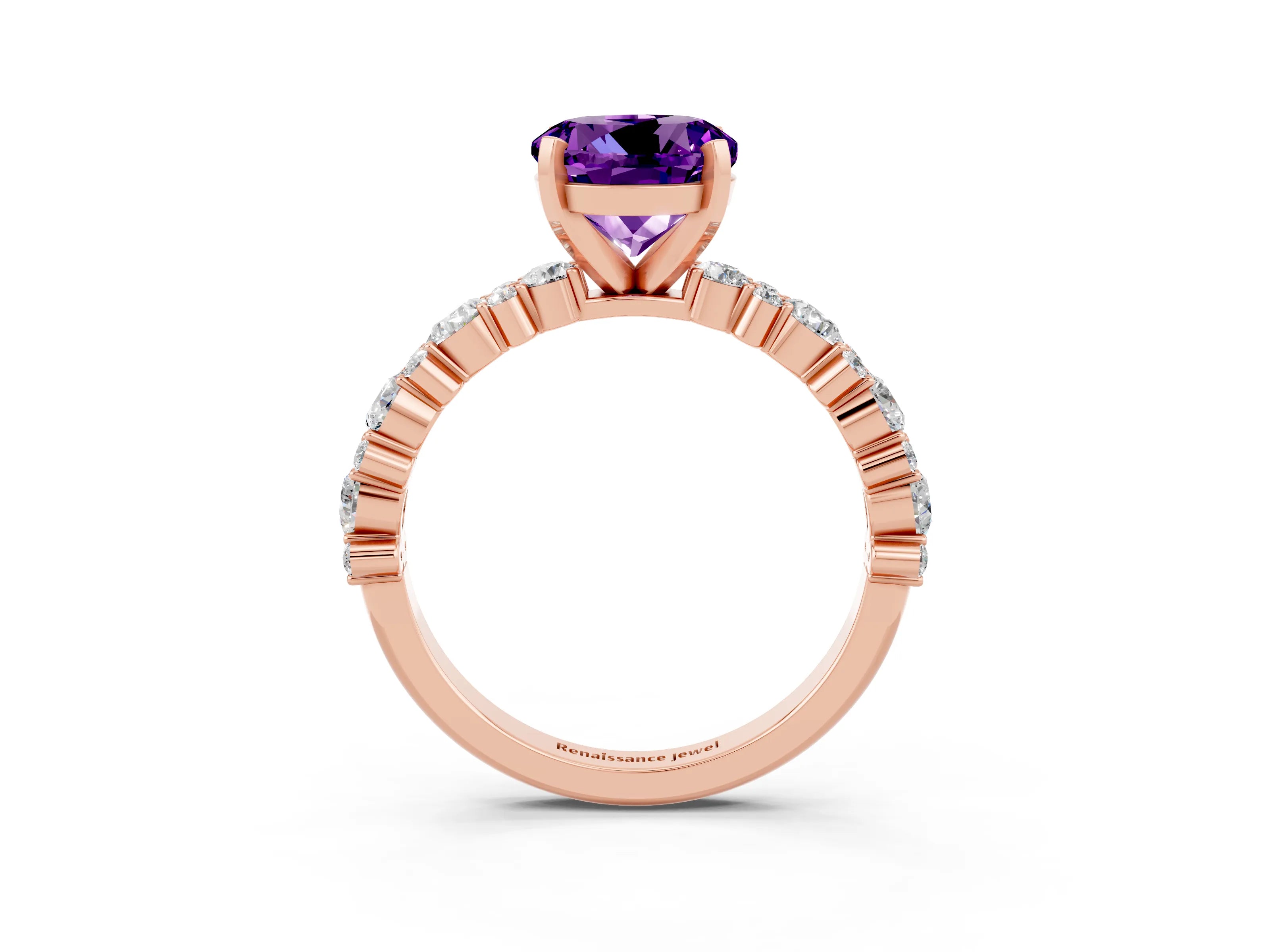 Rose gold Round Cut Amethyst Solitaire with Side Stones, Pave Band, Four-Prong Setting_27