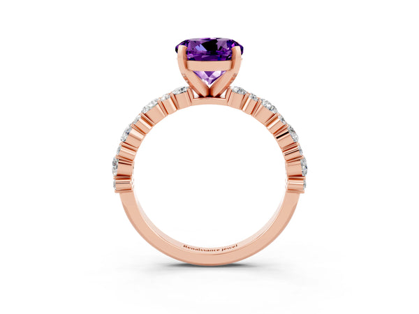 Rose gold Round Cut Amethyst Side Stone Solitaire Ring with Round  and Four-Prong Setting