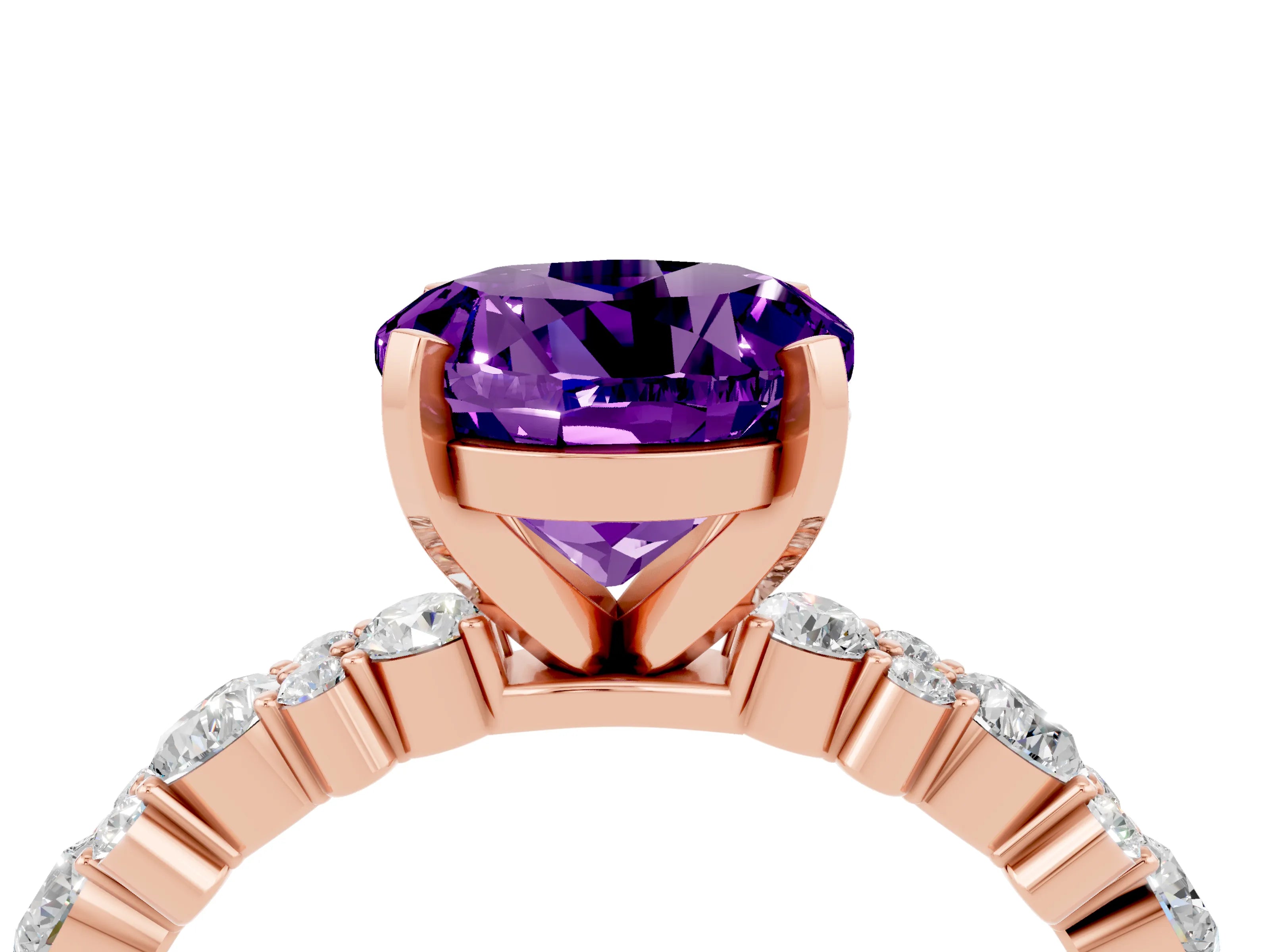Rose gold Round Cut Amethyst Solitaire with Side Stones, Pave Band, Four-Prong Setting_28