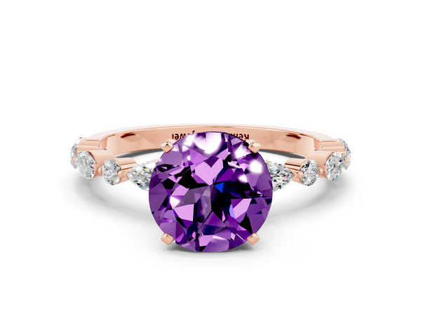 Rose gold Round Cut Amethyst Ring with Marquise and Round  Side Stones and Four-Prong Setting