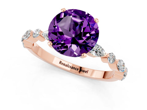 Rose gold Round Cut Amethyst Solitaire with Side Stones on a Pavé Band and Four-Prong Setting_1