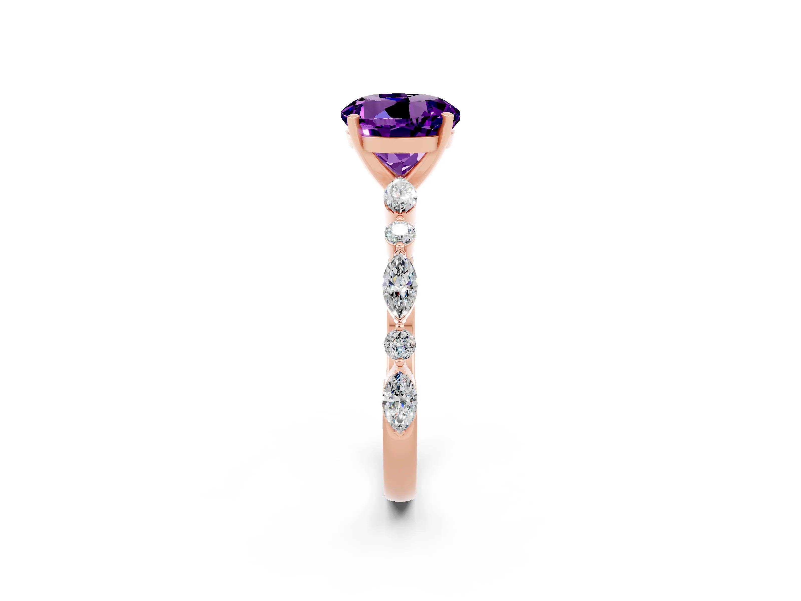 Rose gold Round Cut Amethyst Solitaire with Side Stones on a Pavé Band and Four-Prong Setting_2