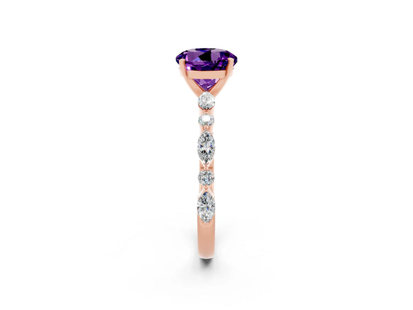 Rose gold Round Cut Amethyst Ring with Marquise and Round  Side Stones and Four-Prong Setting