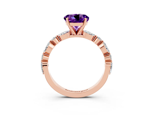 Rose gold Round Cut Amethyst Ring with Marquise and Round  Side Stones and Four-Prong Setting