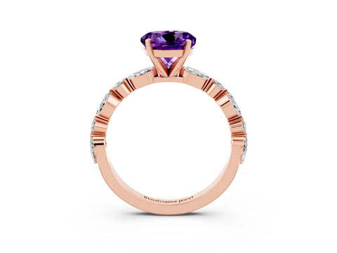 Rose gold Round Cut Amethyst Solitaire with Side Stones on a Pavé Band and Four-Prong Setting_3