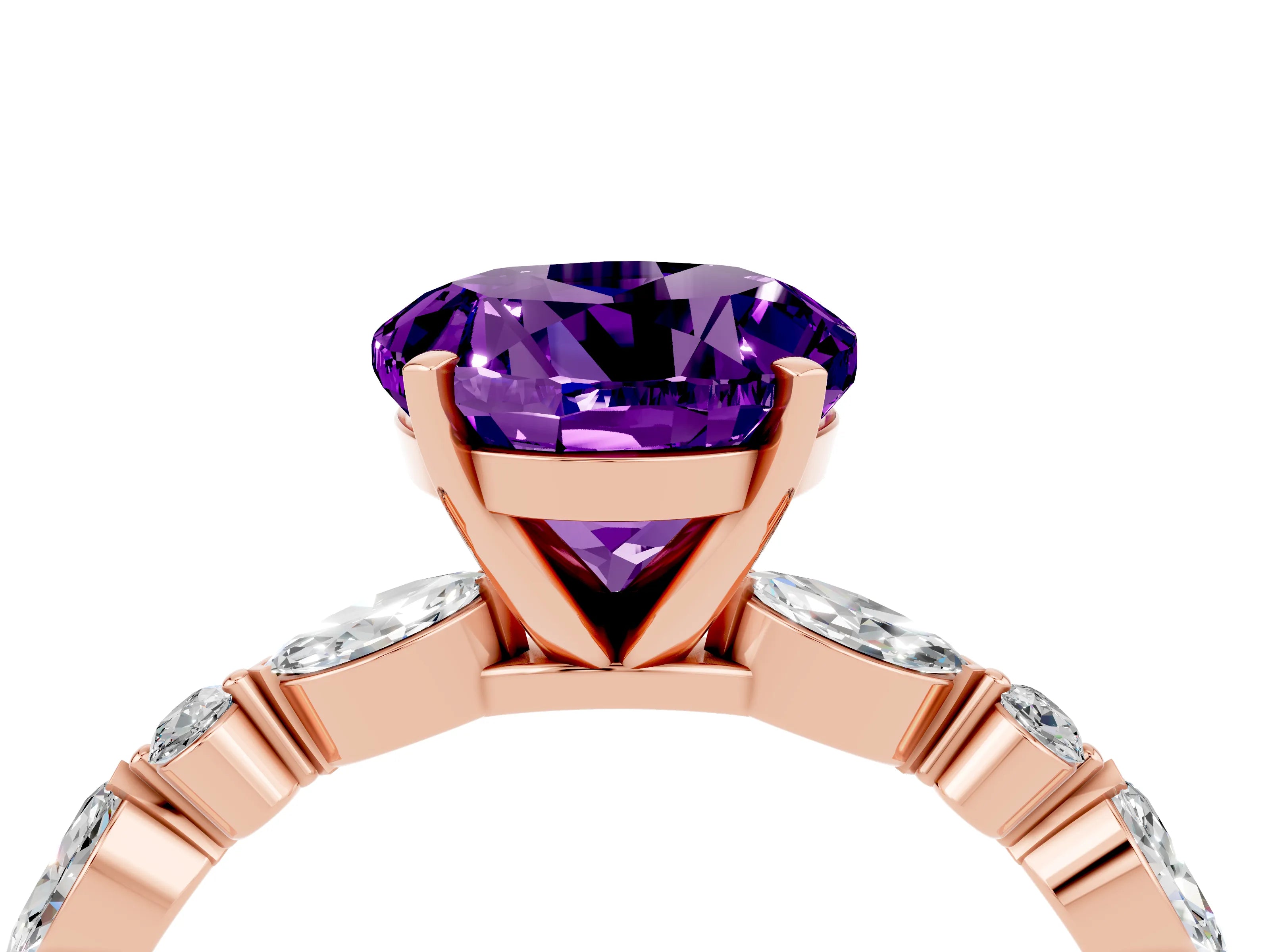 Rose gold Round Cut Amethyst Solitaire with Side Stones on a Pavé Band and Four-Prong Setting_4