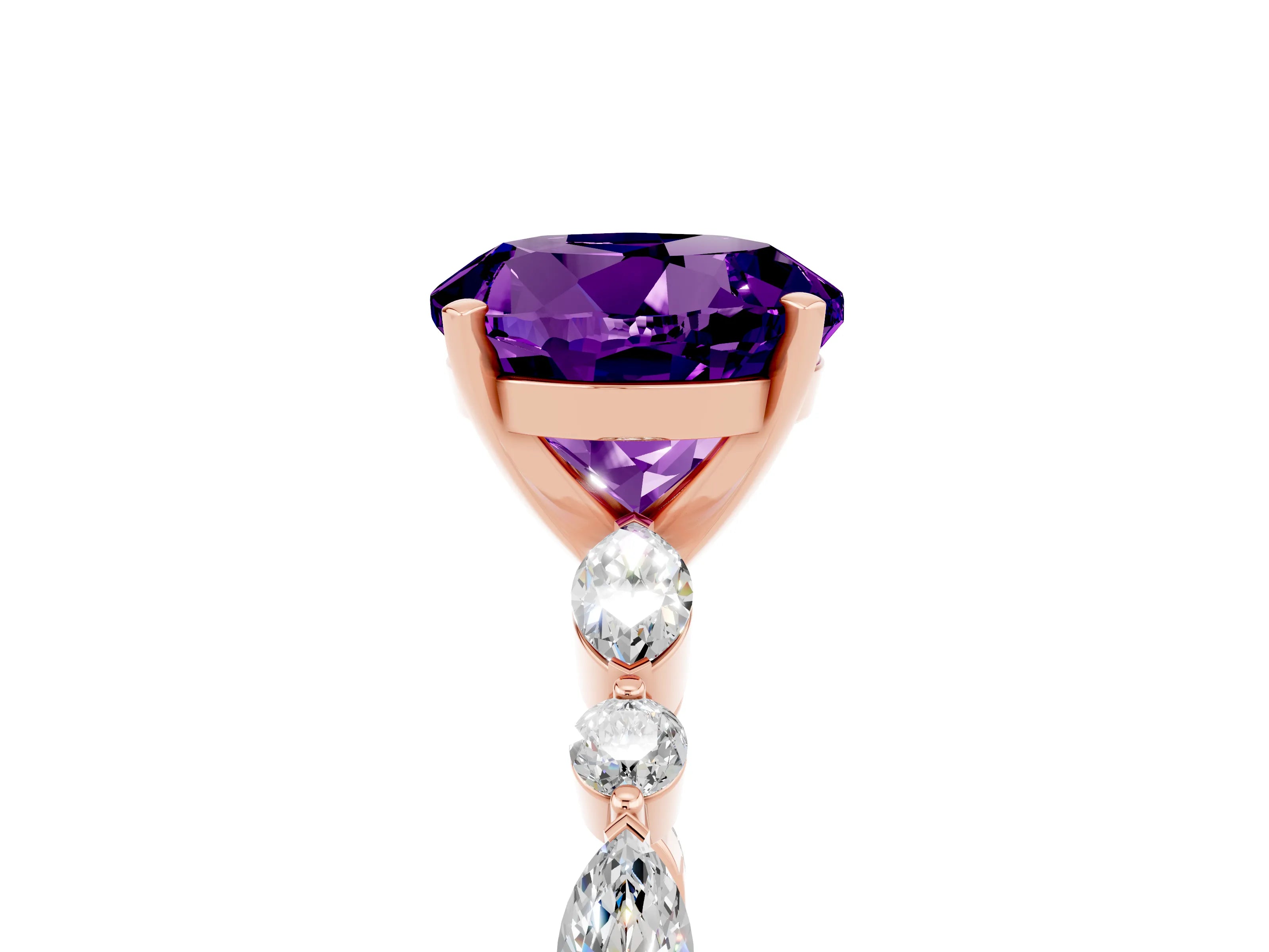 Rose gold Round Cut Amethyst Solitaire with Side Stones on a Pavé Band and Four-Prong Setting_5