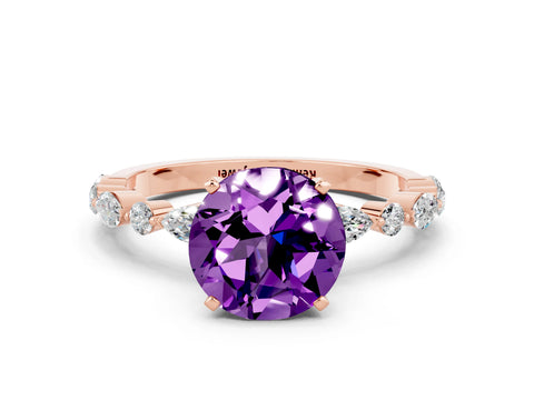 Rose gold Round Cut Amethyst Solitaire with Side Stones on a Pavé Band and Four-Prong Setting