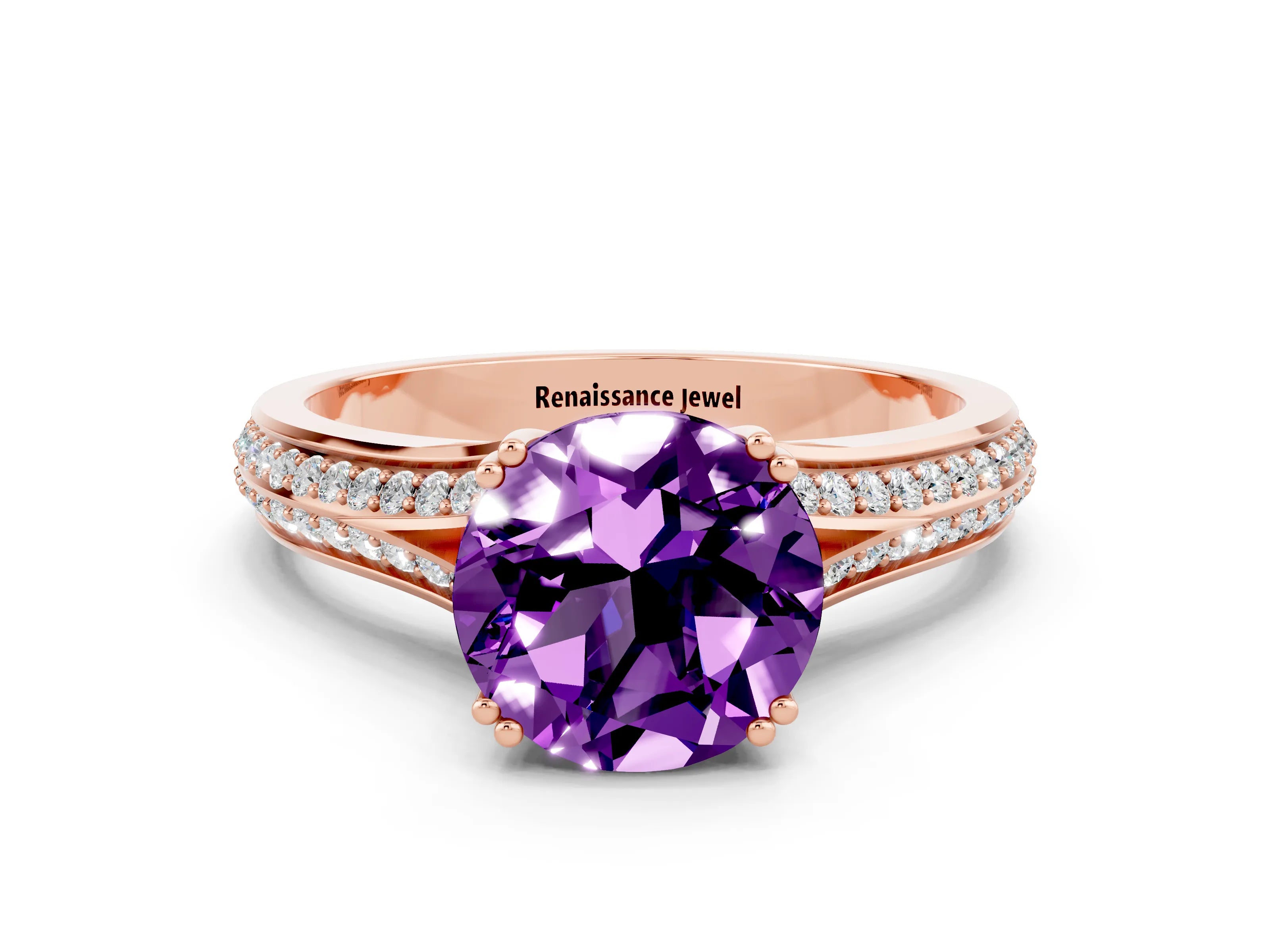 Rose gold Round Cut Amethyst Split Shank Engagement Ring with Pavé Band