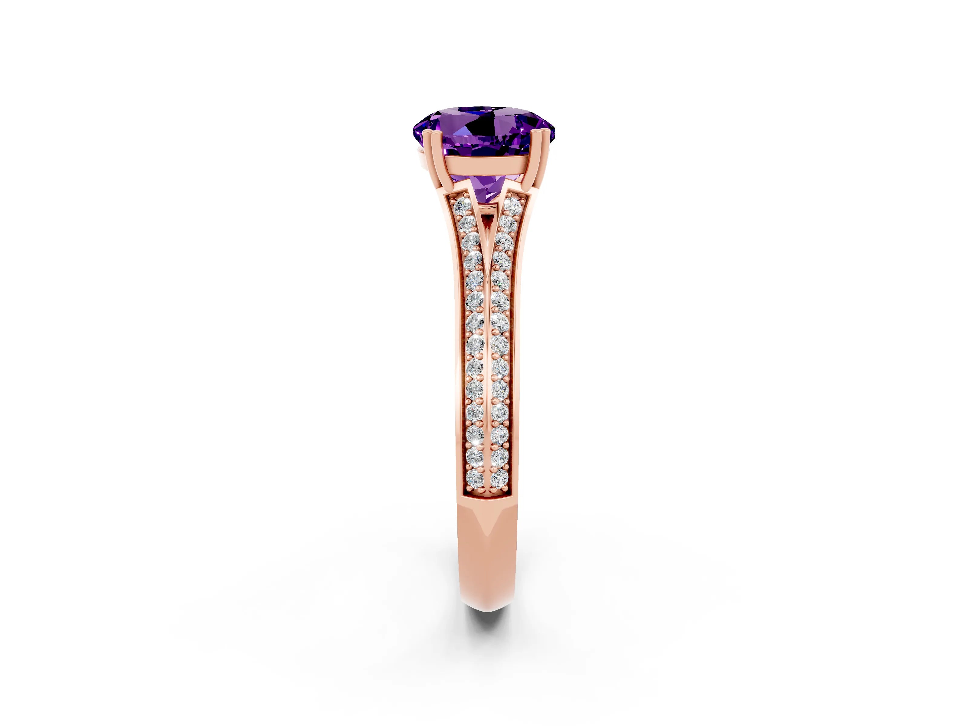 Rose gold Round Cut Amethyst Split Shank Engagement Ring with Pavé Band_2