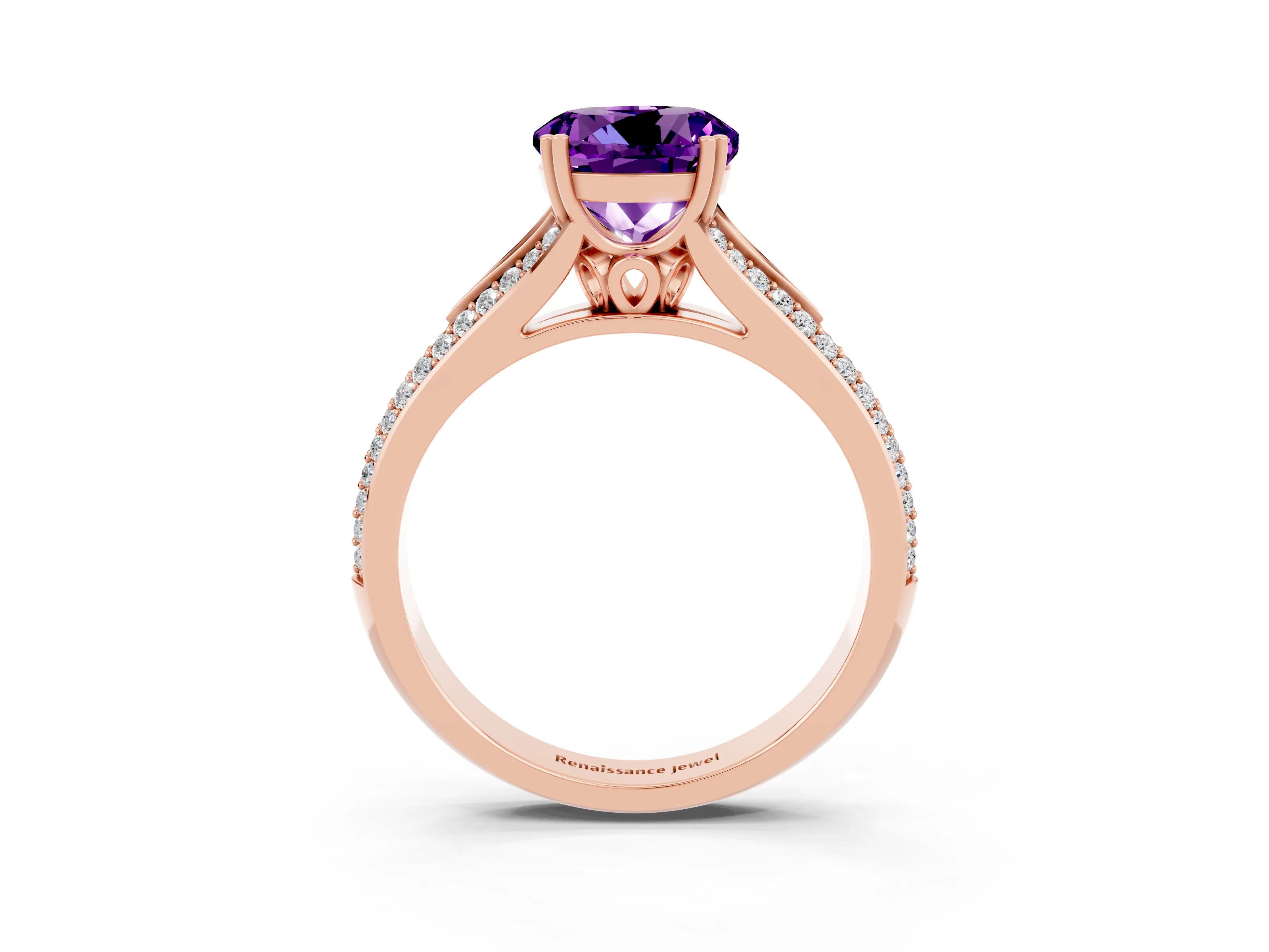 Rose gold Round Cut Amethyst Split Shank Engagement Ring with Pavé Band_3