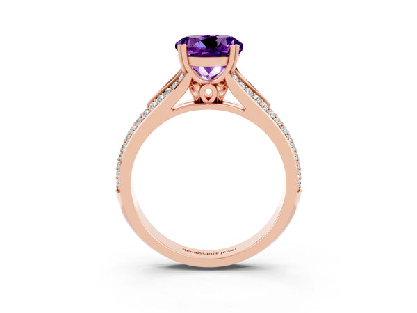 Rose gold Round Cut Amethyst Split Shank Engagement Ring with Pavé Band