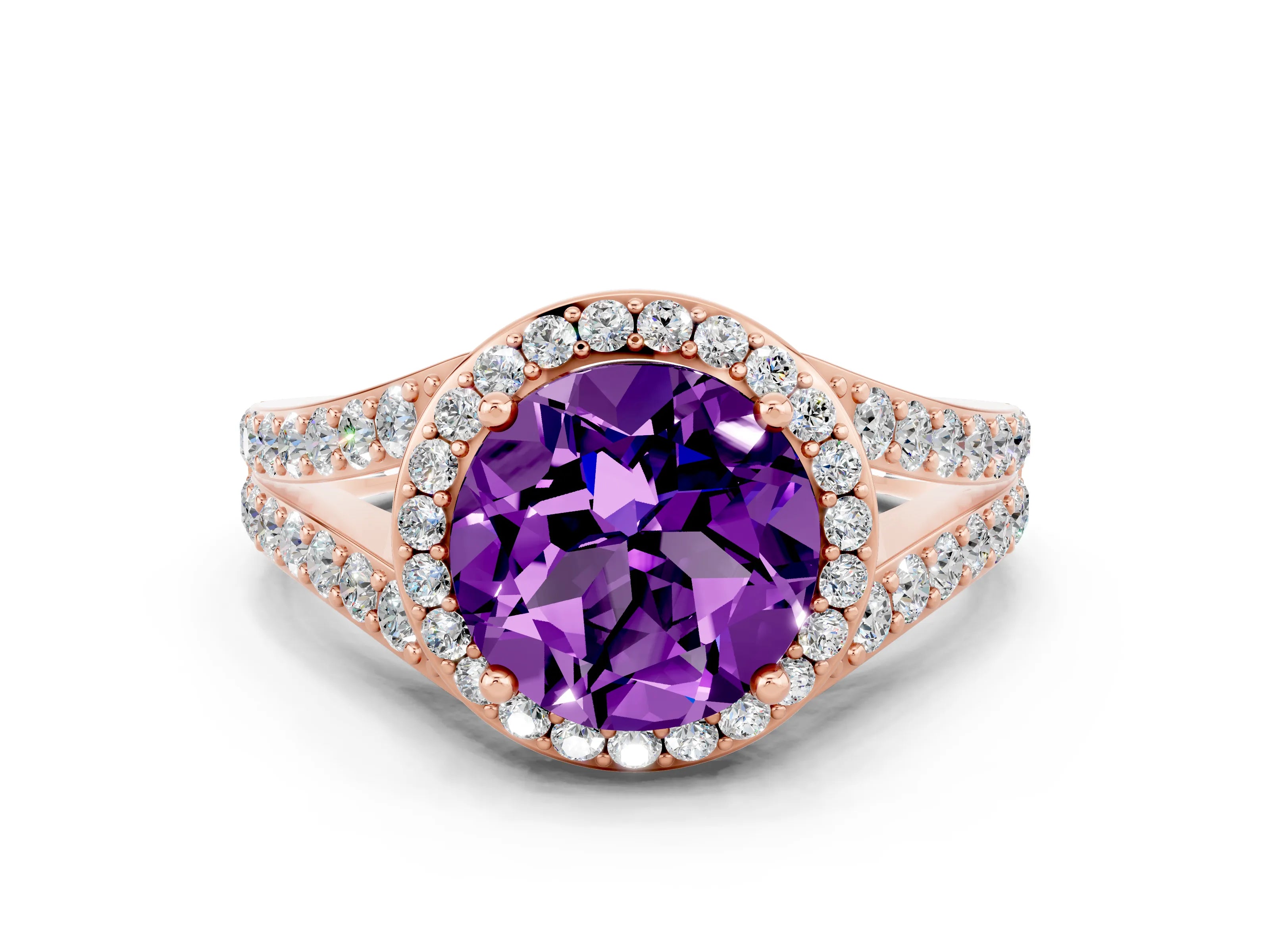 Rose gold Round Cut Amethyst Split Shank Halo Ring with Four-Prong Setting_24