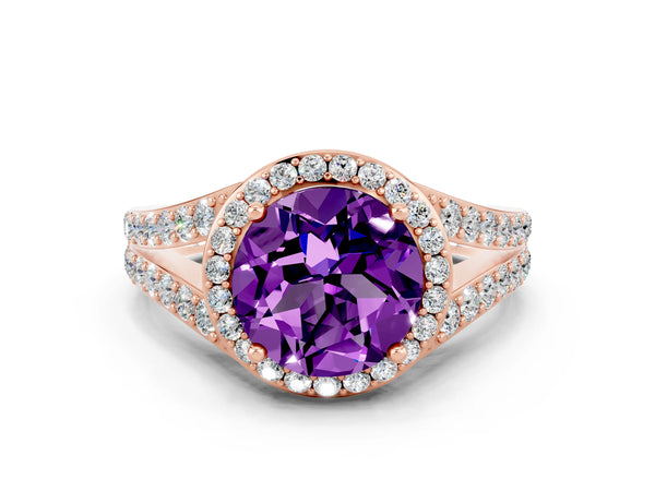 Rose gold Round Cut Amethyst Split Shank Halo Ring with Four-Prong Setting