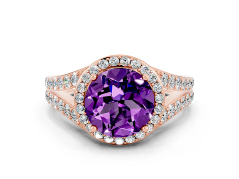 Rose gold Round Cut Amethyst Split Shank Halo Ring with Four-Prong Setting_24