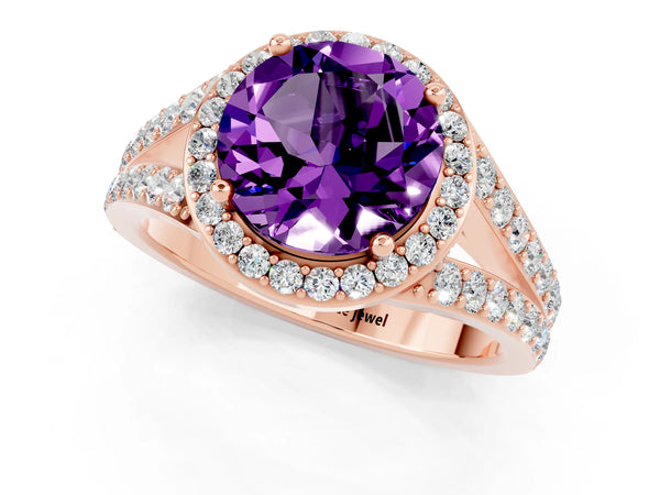 Rose gold Round Cut Amethyst Split Shank Halo Ring with Four-Prong Setting
