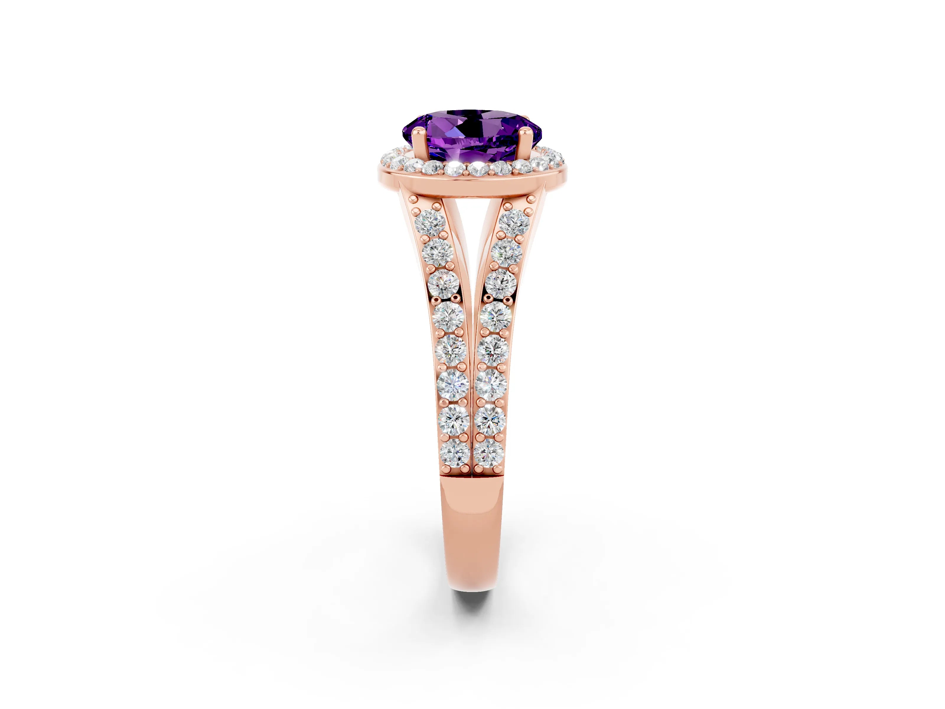 Rose gold Round Cut Amethyst Split Shank Halo Ring with Four-Prong Setting_26
