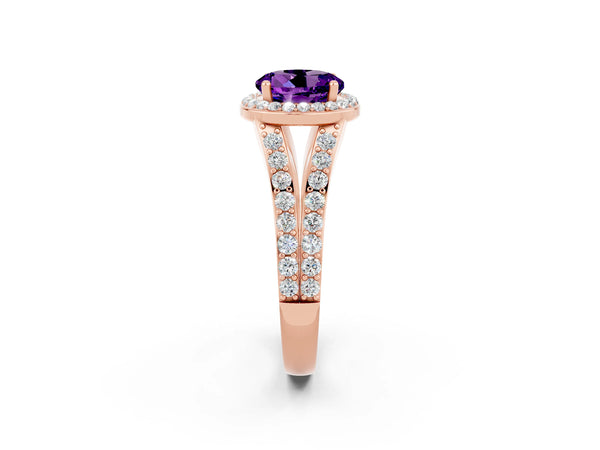 Rose gold Round Cut Amethyst Split Shank Halo Ring with Four-Prong Setting