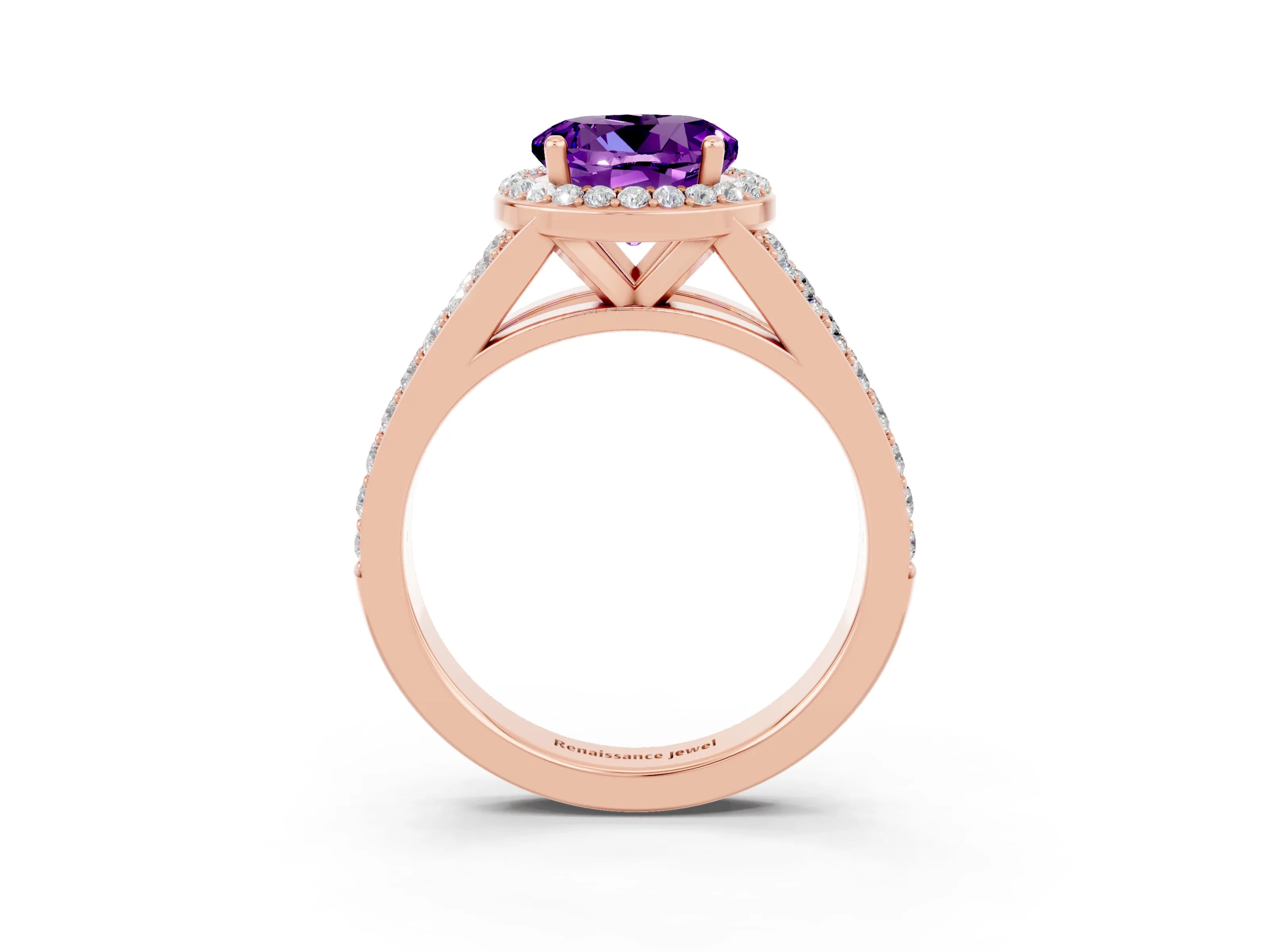 Rose gold Round Cut Amethyst Split Shank Halo Ring with Four-Prong Setting_27