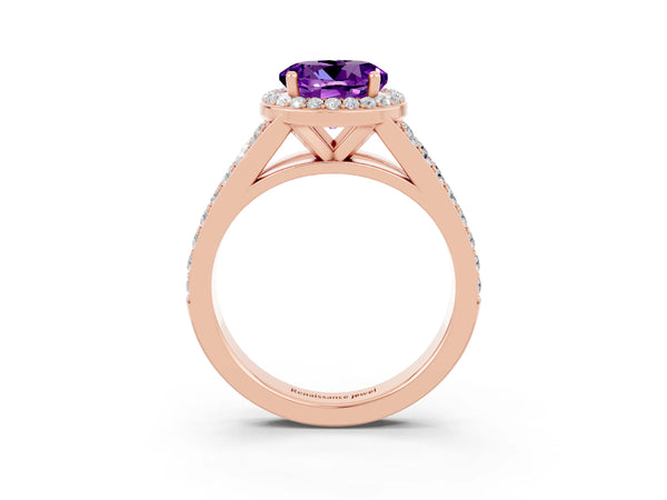 Rose gold Round Cut Amethyst Split Shank Halo Ring with Four-Prong Setting