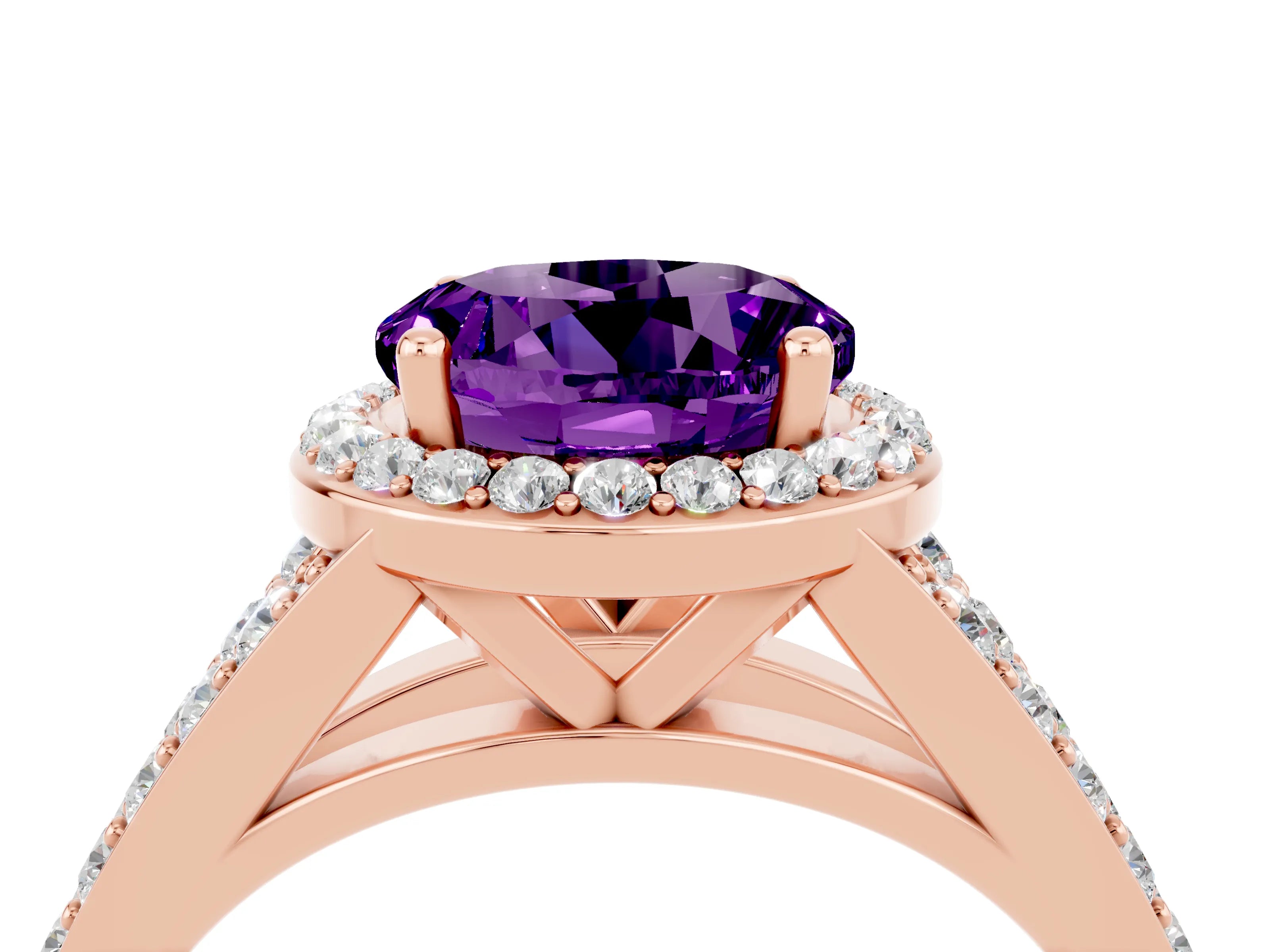 Rose gold Round Cut Amethyst Split Shank Halo Ring with Four-Prong Setting_28