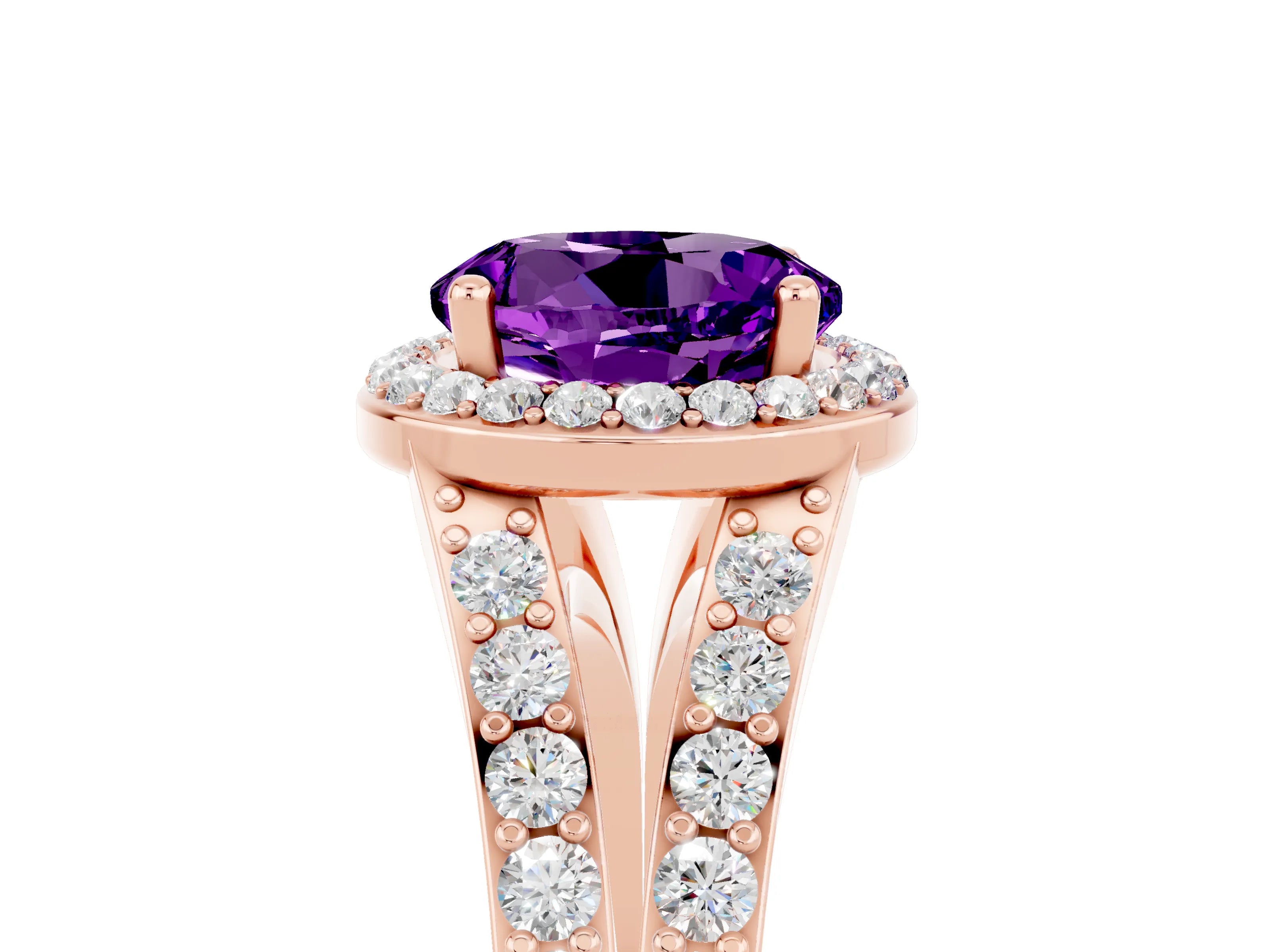 Rose gold Round Cut Amethyst Split Shank Halo Ring with Four-Prong Setting_29