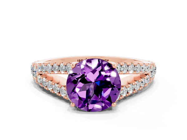 Rose gold Round Cut Amethyst Split Shank Pavé Engagement Ring with Four-Prong Setting