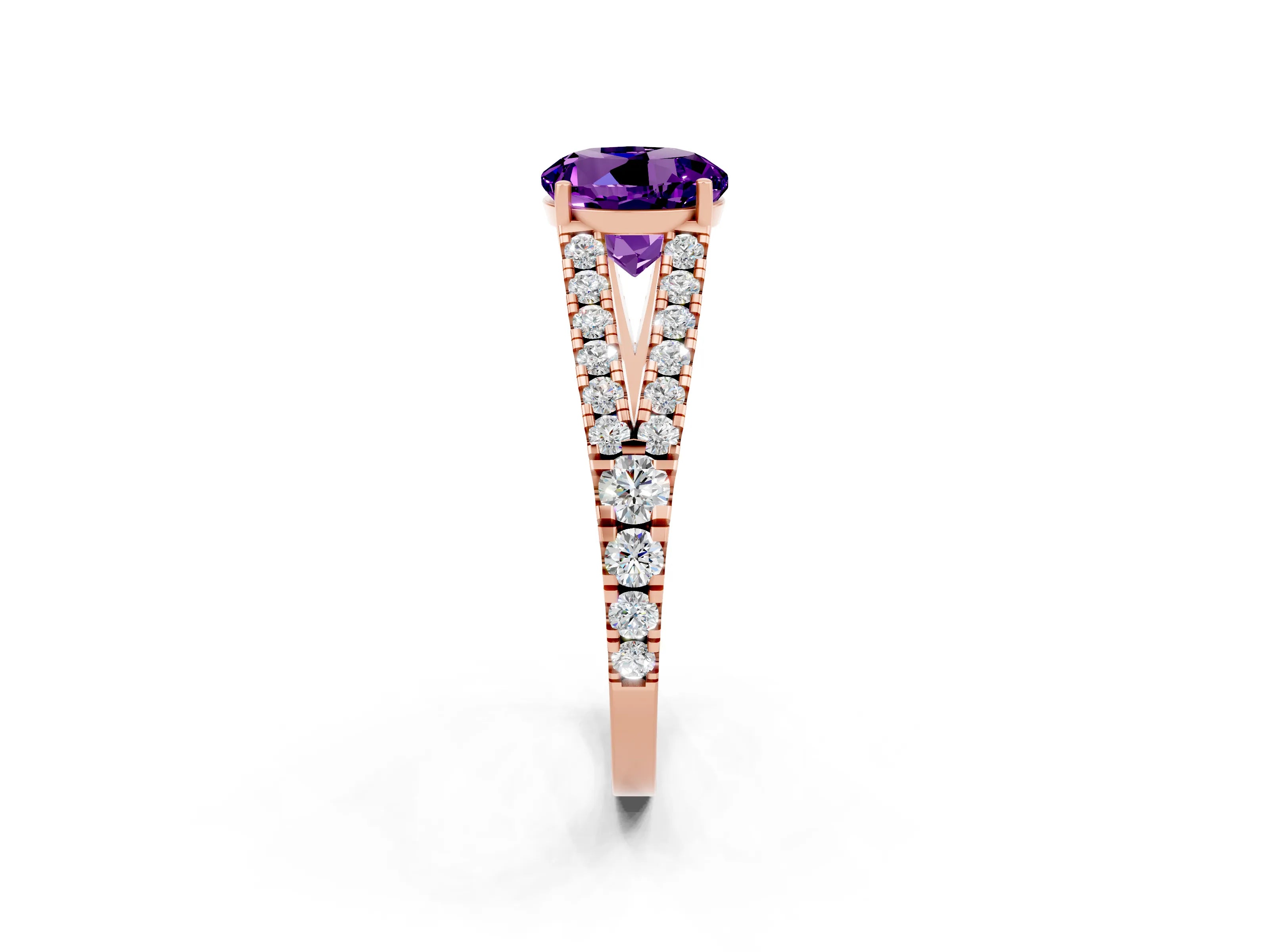 Rose gold Round Cut Amethyst Split Shank Pavé Engagement Ring with Four-Prong Setting_14