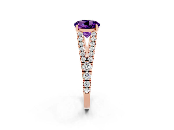 Rose gold Round Cut Amethyst Split Shank Pavé Engagement Ring with Four-Prong Setting