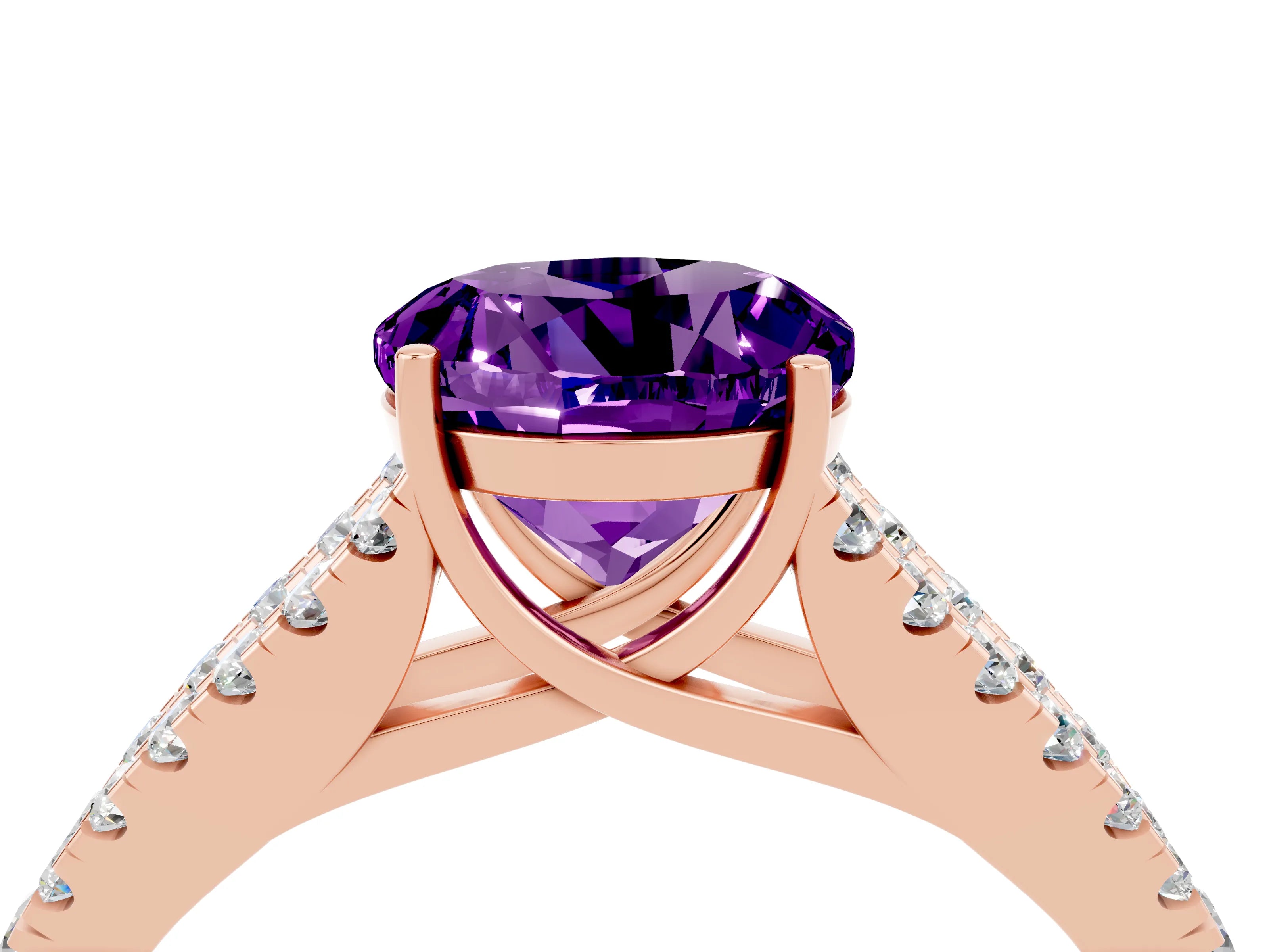Rose gold Round Cut Amethyst Split Shank Pavé Engagement Ring with Four-Prong Setting_16