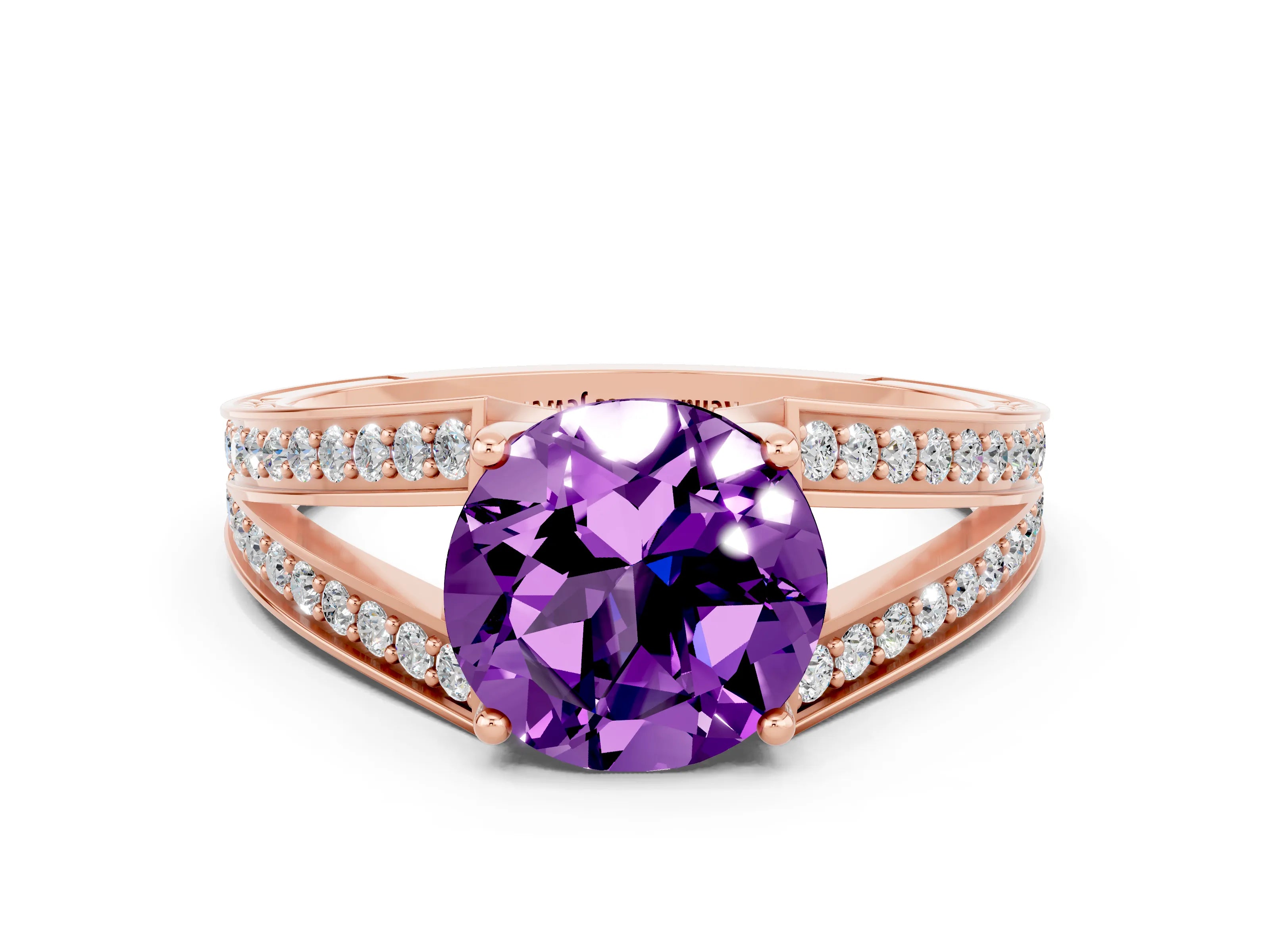 Rose gold Round Cut Amethyst Split Shank Ring with Pavé Band and Four-Prong Setting