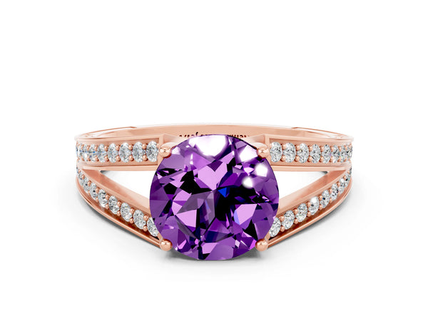 Rose gold Round Cut Amethyst Split Shank Ring with Pavé Band and Four-Prong Setting