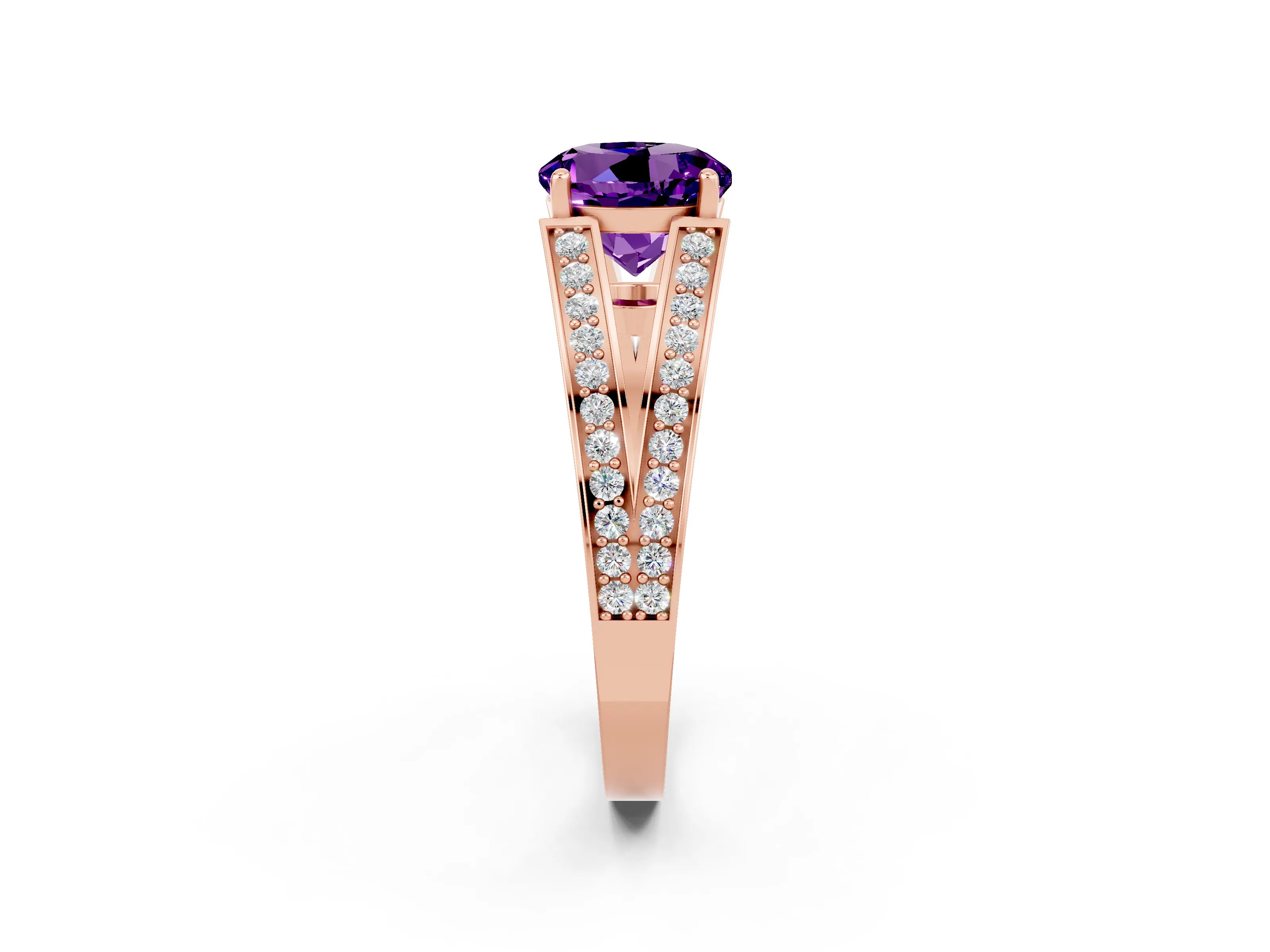 Rose gold Round Cut Amethyst Split Shank Ring with Pavé Band and Four-Prong Setting_2