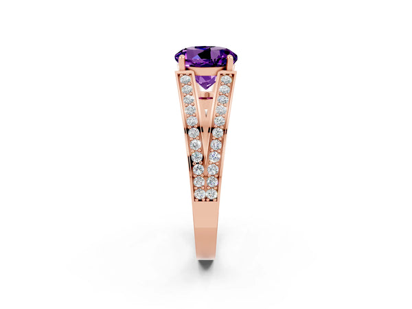 Rose gold Round Cut Amethyst Split Shank Ring with Pavé Band and Four-Prong Setting