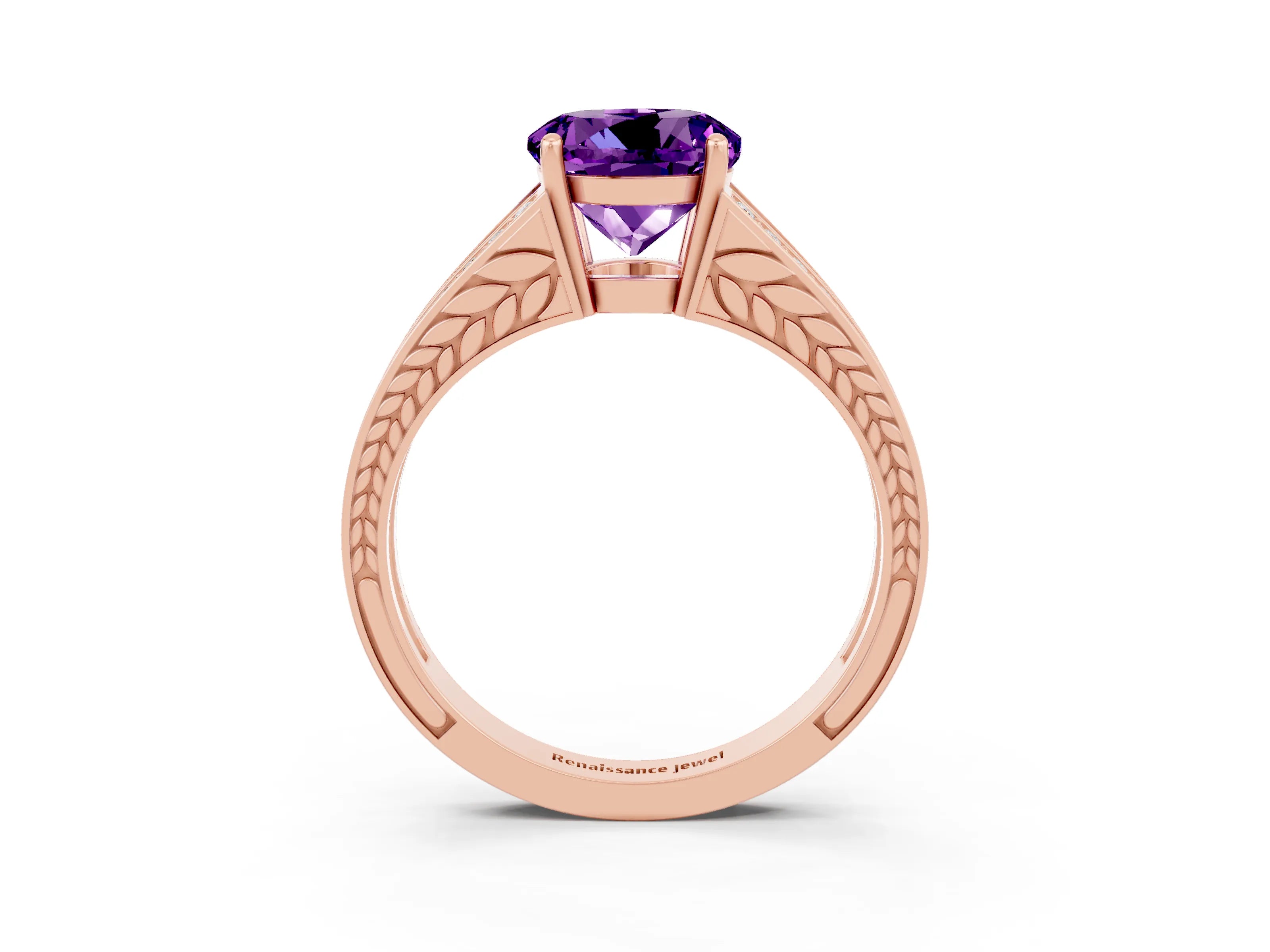 Rose gold Round Cut Amethyst Split Shank Ring with Pavé Band and Four-Prong Setting_3