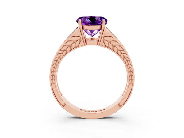 Rose gold Round Cut Amethyst Split Shank Ring with Pavé Band and Four-Prong Setting