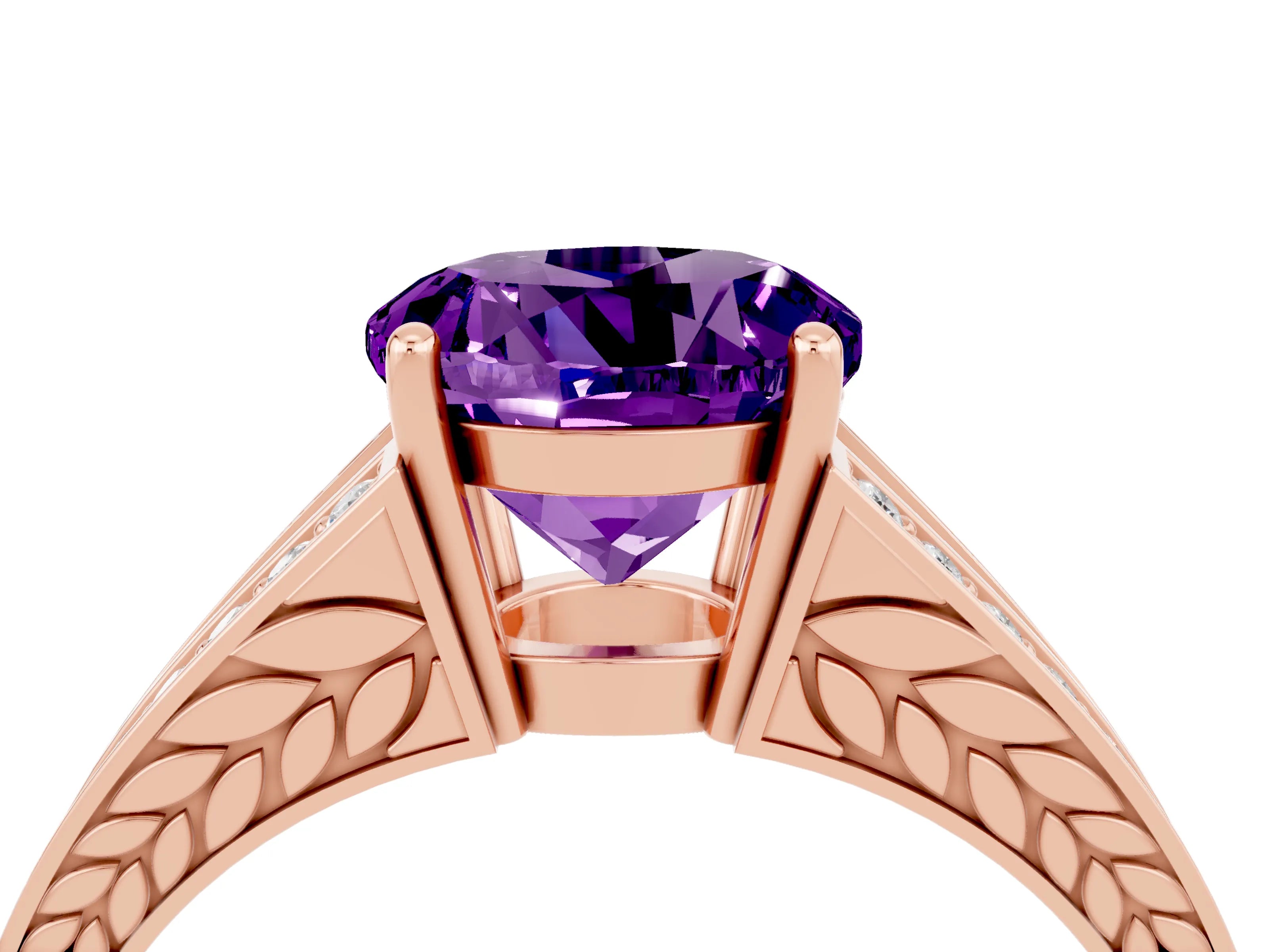 Rose gold Round Cut Amethyst Split Shank Ring with Pavé Band and Four-Prong Setting_4