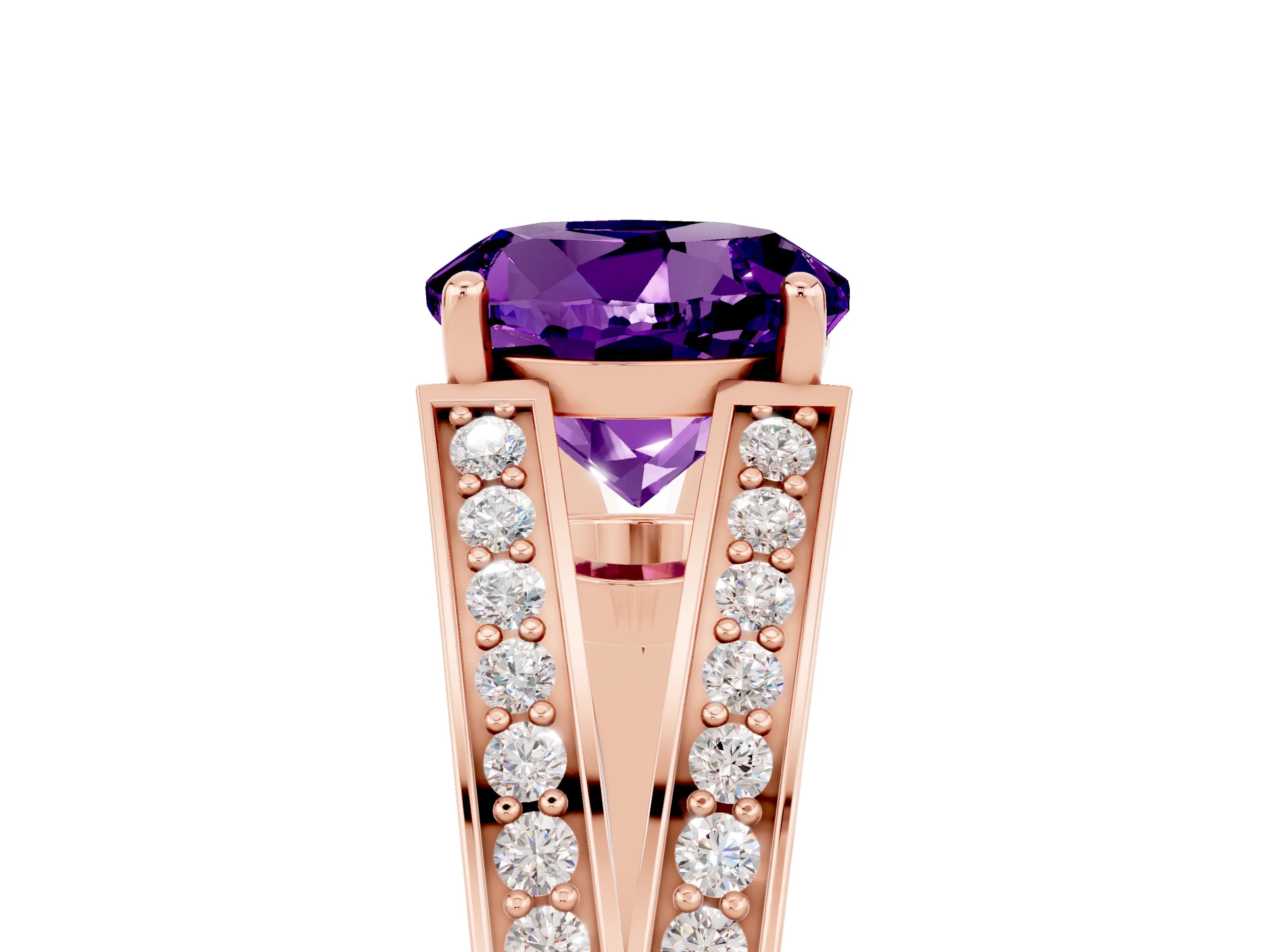 Rose gold Round Cut Amethyst Split Shank Ring with Pavé Band and Four-Prong Setting_5