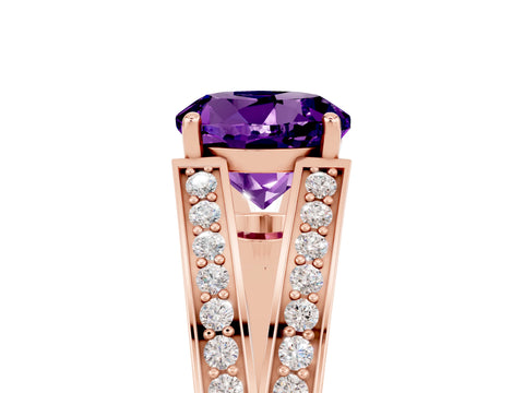 Rose gold Round Cut Amethyst Split Shank Ring with Pavé Band and Four-Prong Setting_5