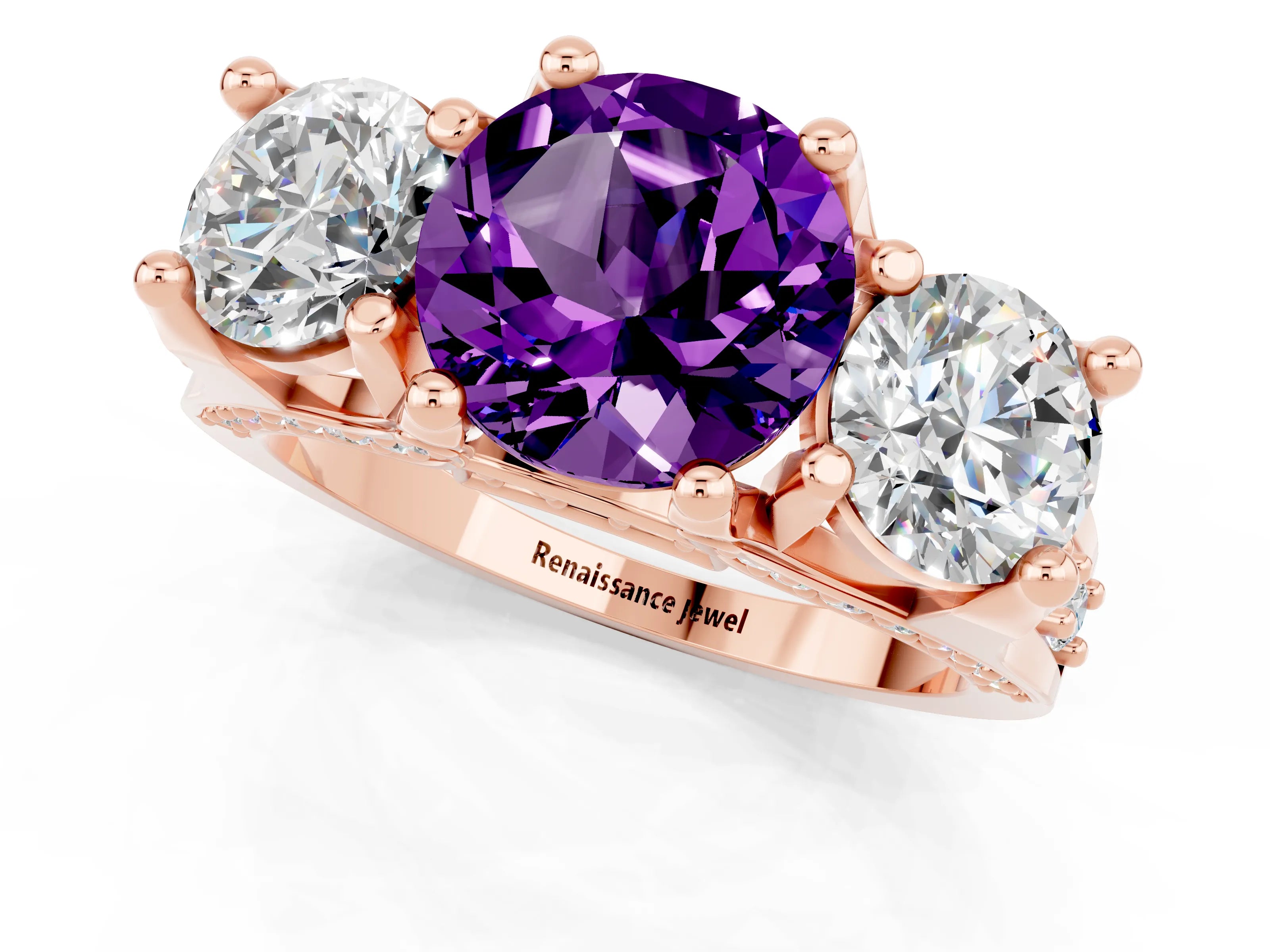 Rose gold Round Cut Amethyst Three-Stone Ring with Channel Set Band and Four-Prong Setting_1