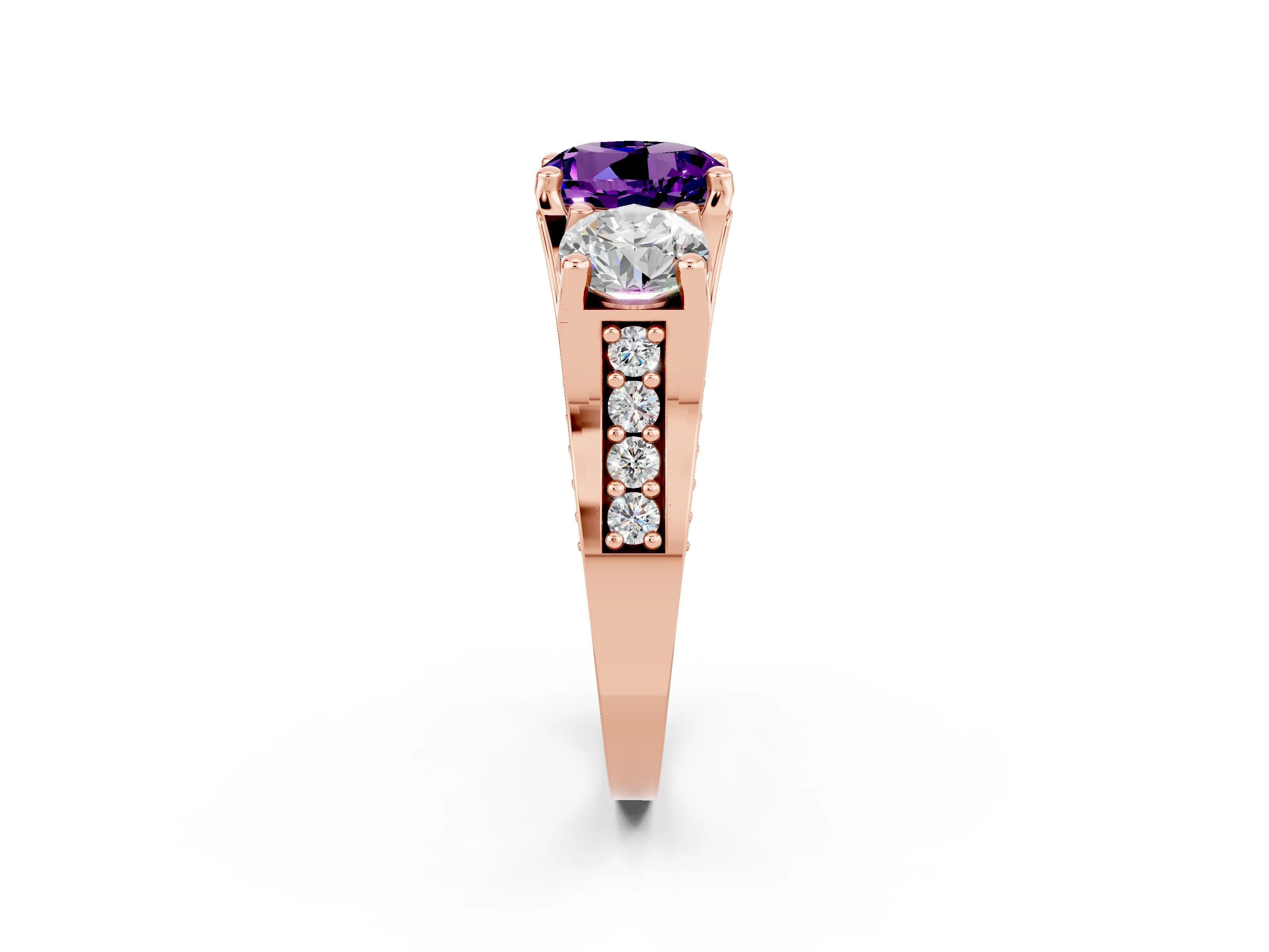 Rose gold Round Cut Amethyst Three-Stone Ring with Channel Set Band and Four-Prong Setting_2