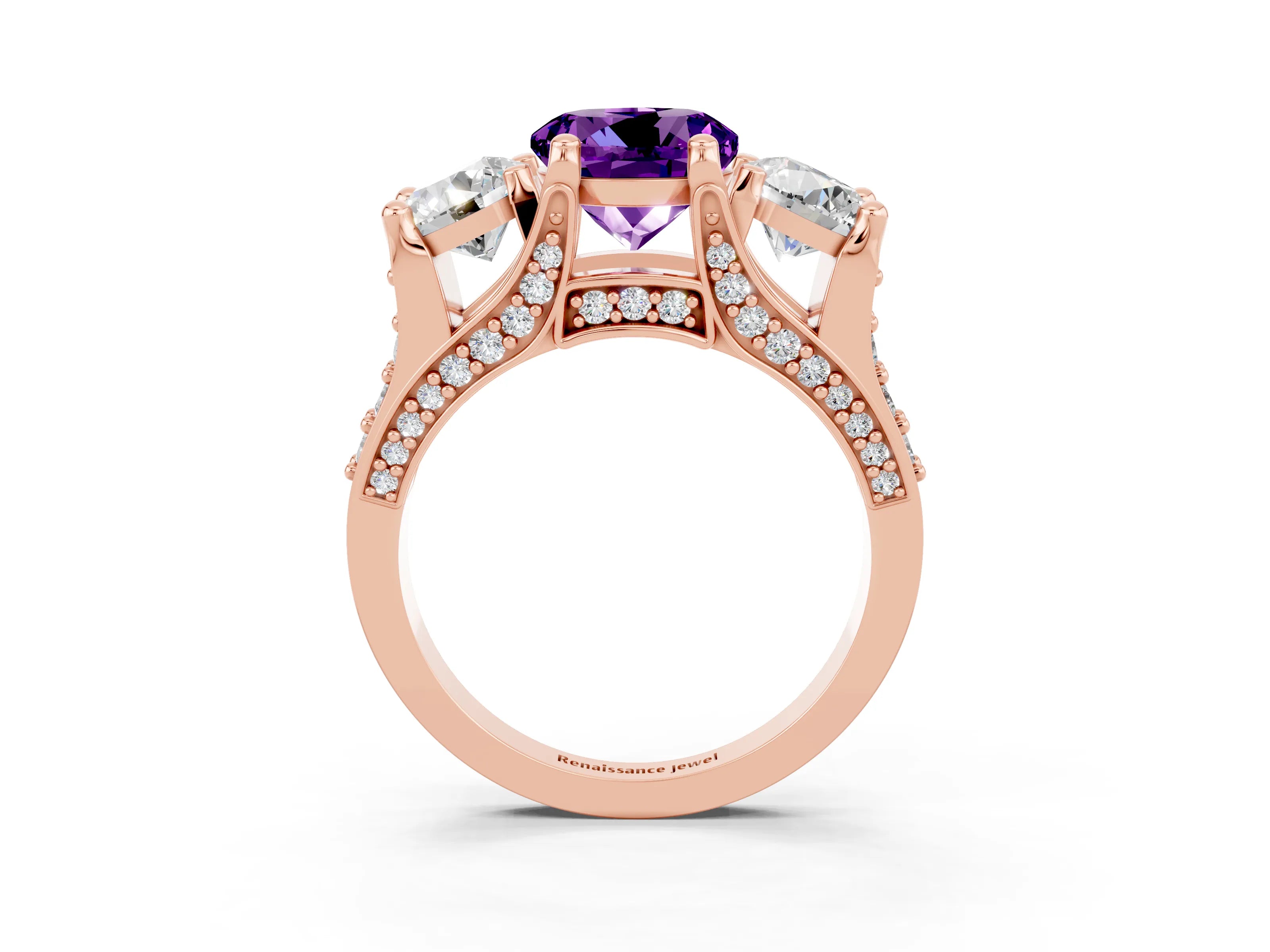 Rose gold Round Cut Amethyst Three-Stone Ring with Channel Set Band and Four-Prong Setting_3