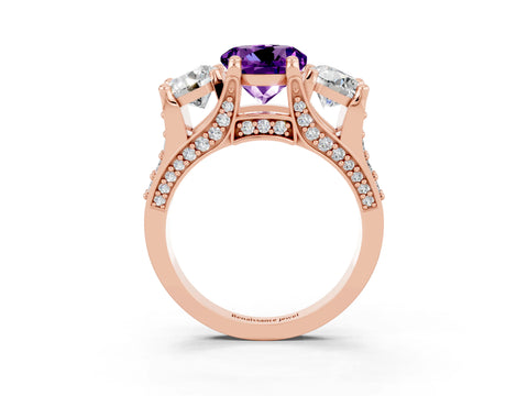 Rose gold Round Cut Amethyst Three-Stone Ring with Channel Set Band and Four-Prong Setting_3