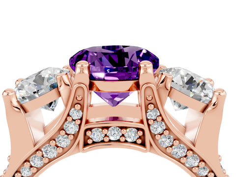 Rose gold Round Cut Amethyst Three-Stone Ring with Channel Set Band and Four-Prong Setting_4