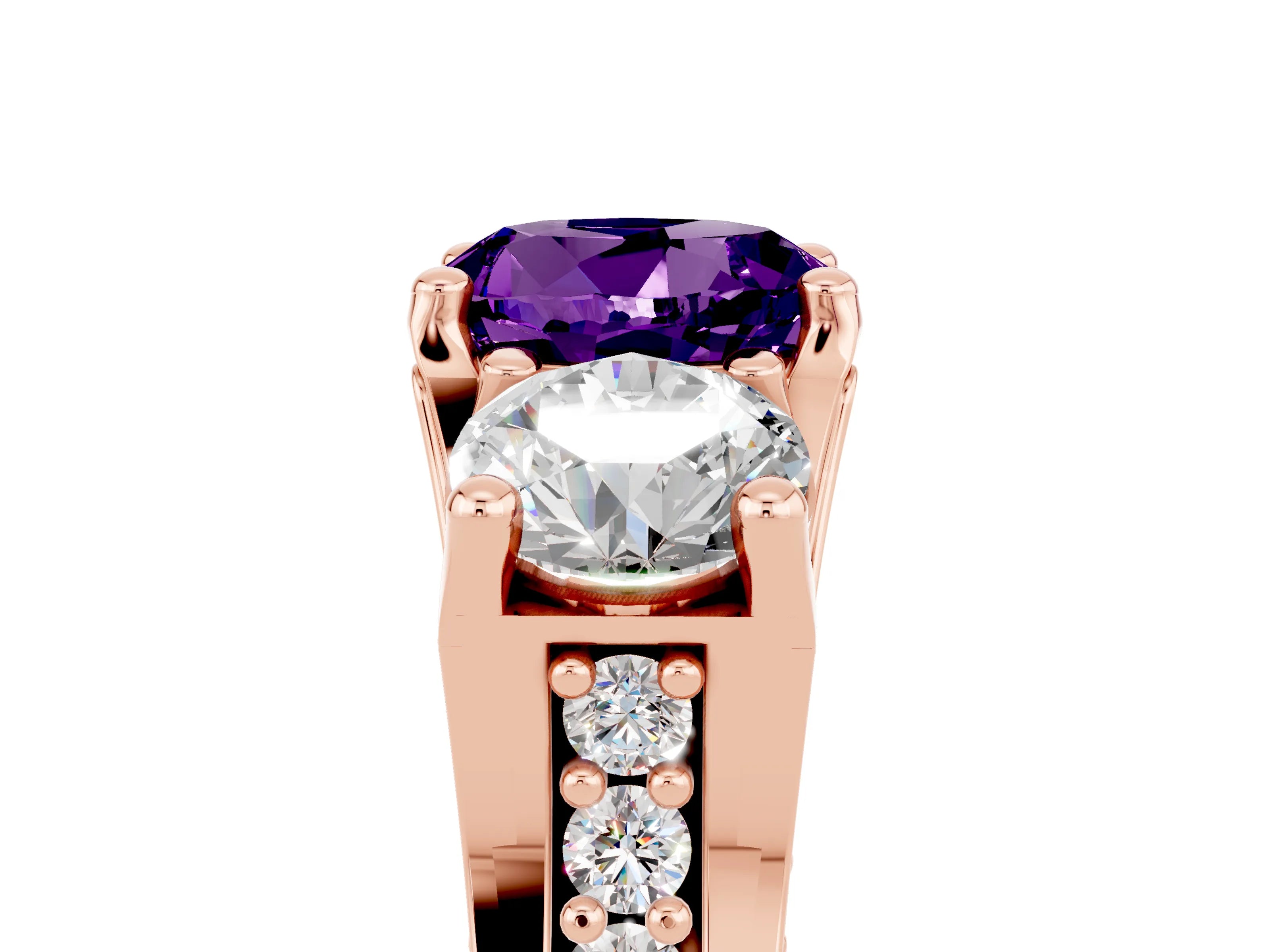 Rose gold Round Cut Amethyst Three-Stone Ring with Channel Set Band and Four-Prong Setting_5